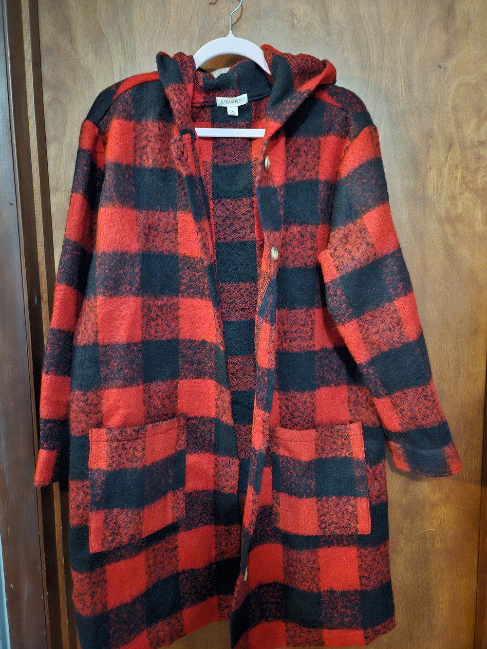 Ultra Flirt Red & Black Buffalo Plaid Hooded Trench Coat